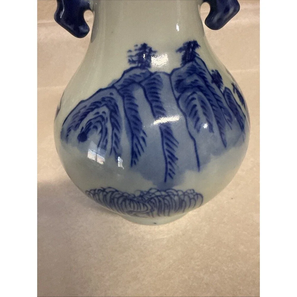 Blue & White Ceramic Landscape Vase Decorative Handles 8.25in